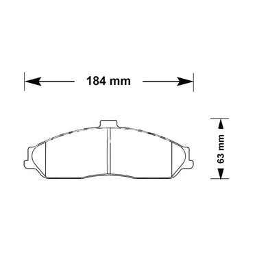 Technical drawing of a brake pad with dimensions labeled